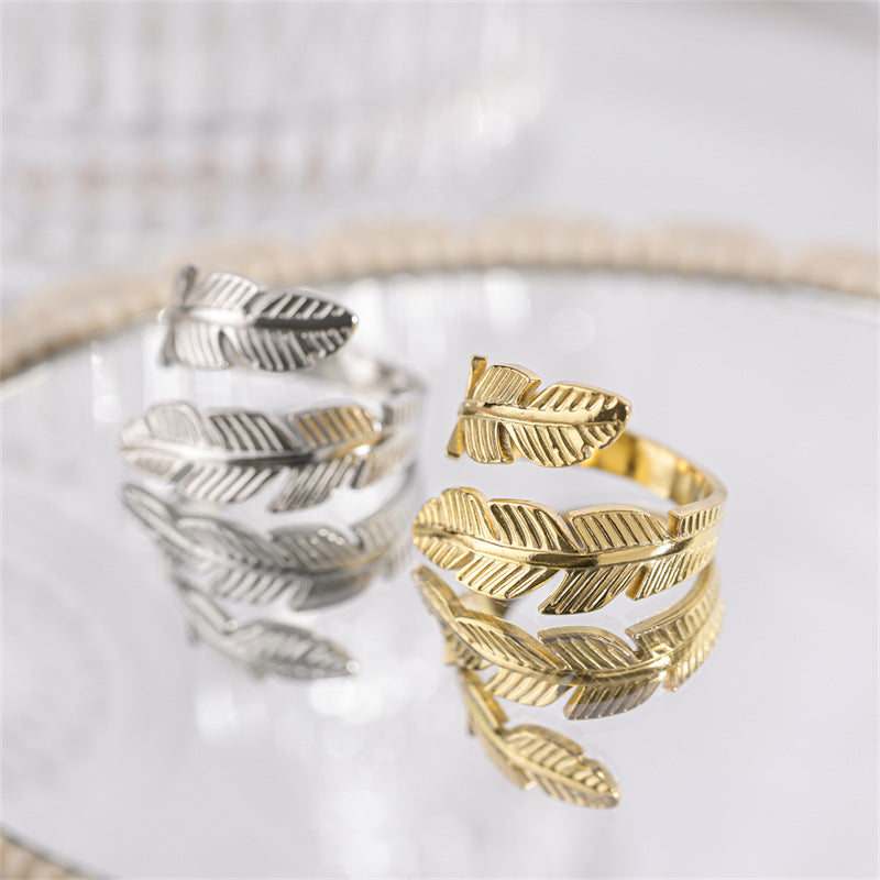 Feather Wrap Ring - Adjustable Open Ring with Double Leaf Design in Gold or Silver