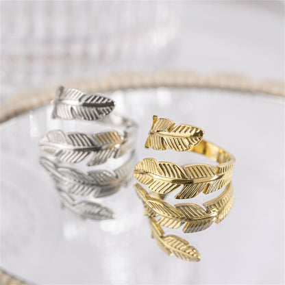 Feather Wrap Ring - Adjustable Open Ring with Double Leaf Design in Gold or Silver