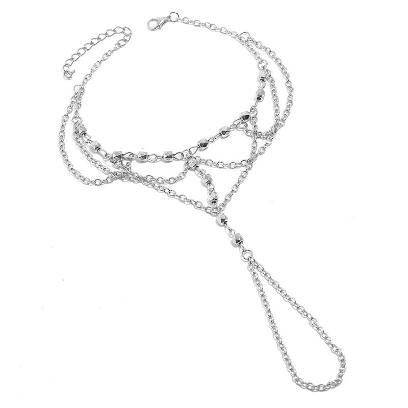 Delicate Barefoot Sandal Foot Chain - Layered Anklet to Toe Ring with Bead Accents