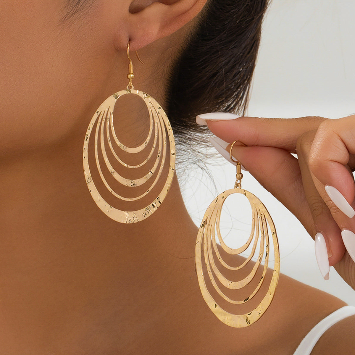 Golden Cascade Earrings - Multi-Layer Teardrop Earrings with Concentric Hoop Design