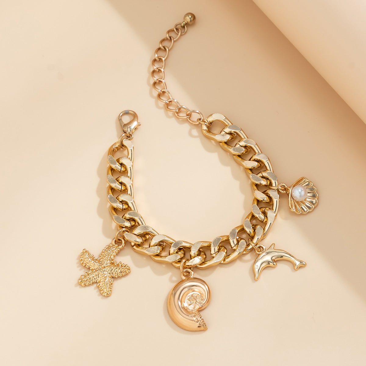 Beachy Charm Necklace & Bracelet - Gold Chain Jewelry with Moon, Star & Shell Dangles