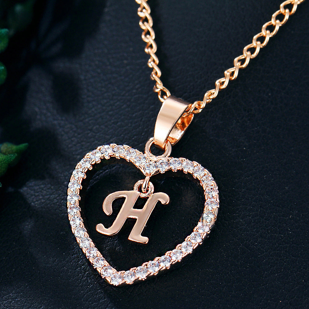 Crystal Heart Initial Necklace - Rose Gold Letter Pendant Necklace with Crystal Border (A-Z)