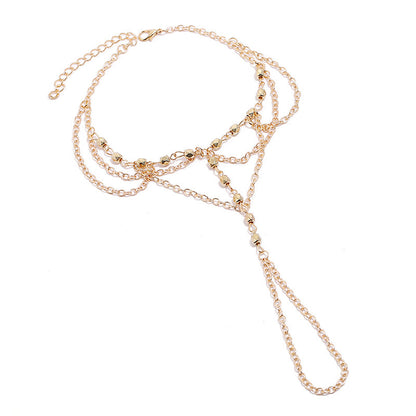 Delicate Barefoot Sandal Foot Chain - Layered Anklet to Toe Ring with Bead Accents