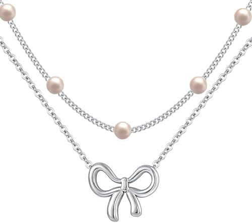 Pearl Bow Necklace - Double Layer Necklace Set with Pearl Bead and Bow Charm