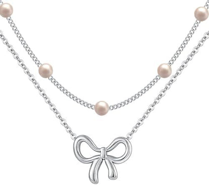 Pearl Bow Necklace - Double Layer Necklace Set with Pearl Bead and Bow Charm