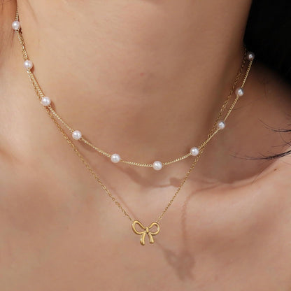 Pearl Bow Necklace - Double Layer Necklace Set with Pearl Bead and Bow Charm