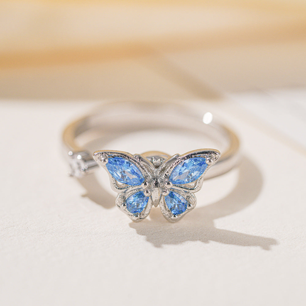 Crystal Butterfly Open Ring - Adjustable Butterfly Ring with Solitaire Stone (Blue or Pink)