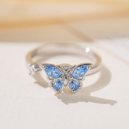 Crystal Butterfly Open Ring - Adjustable Butterfly Ring with Solitaire Stone (Blue or Pink)