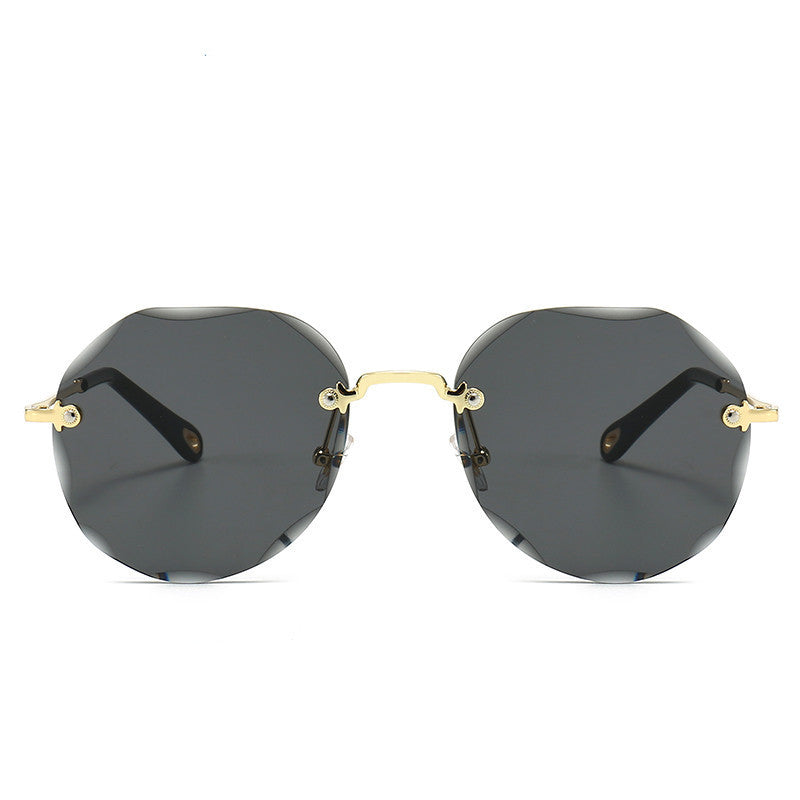 Gradient Round Sunglasses - Rimless Circle Frame Sunglasses with Scalloped Edge Design