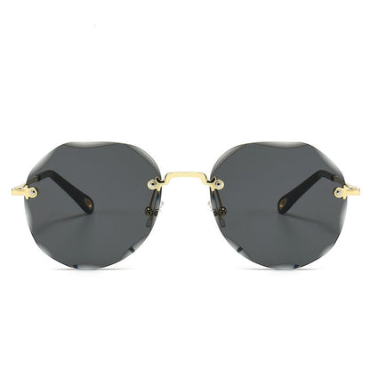 Gradient Round Sunglasses - Rimless Circle Frame Sunglasses with Scalloped Edge Design