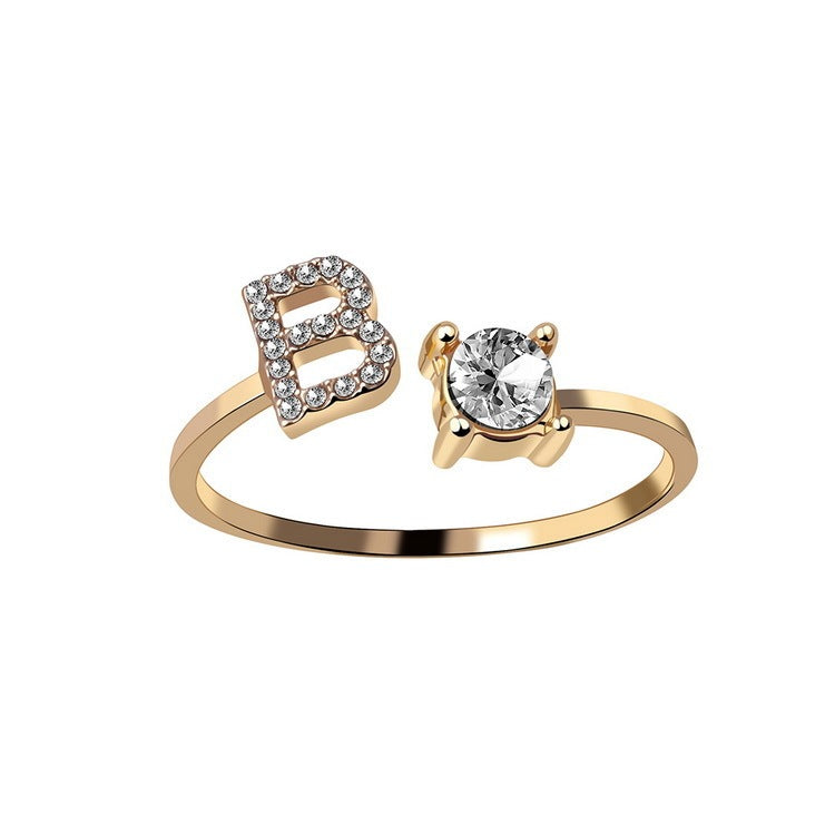 Crystal Initial Ring - Adjustable Letter Ring with Solitaire Stone Accent (A-Z Available)