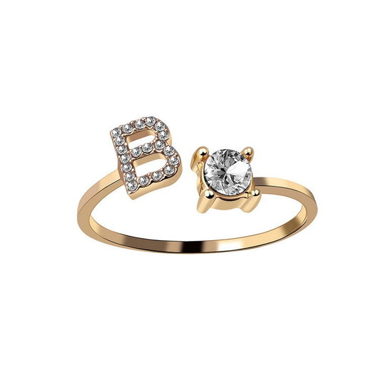 Crystal Initial Ring - Adjustable Letter Ring with Solitaire Stone Accent (A-Z Available)