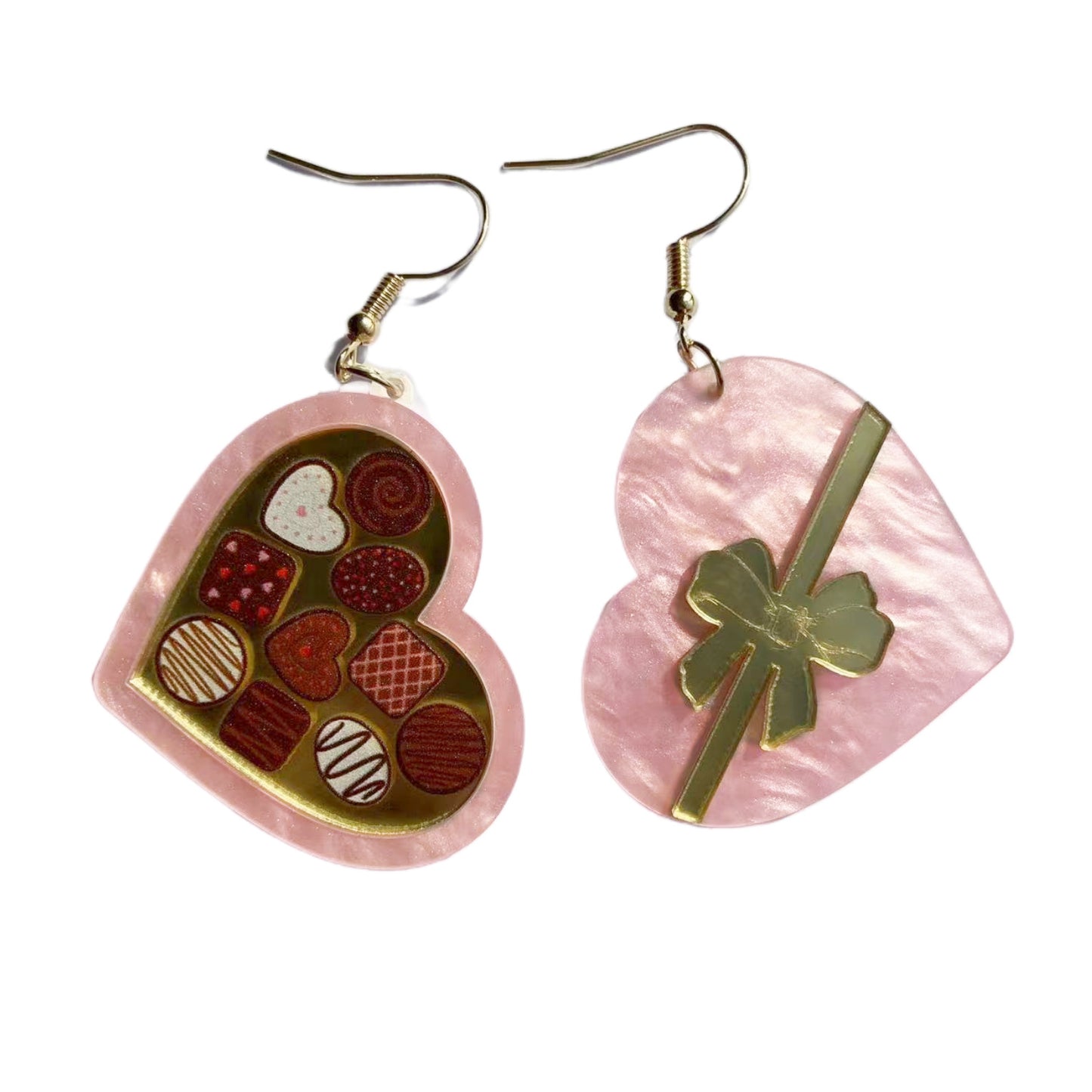 Heart Chocolate Box Earrings - Novelty Valentine's Day Earrings with Bow and Candy Design