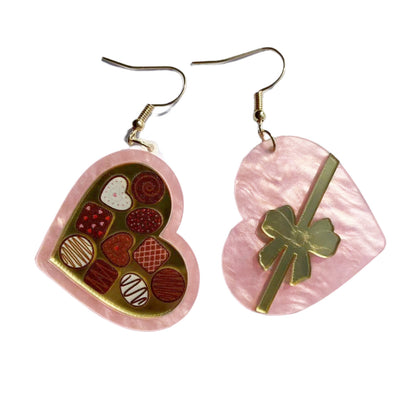 Heart Chocolate Box Earrings - Novelty Valentine's Day Earrings with Bow and Candy Design