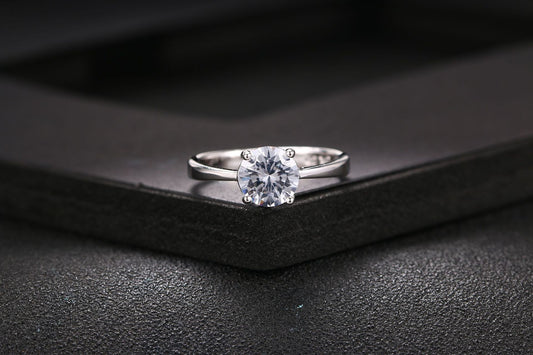 Crystal Solitaire Ring - Timeless Round Stone Engagement Ring in Silver