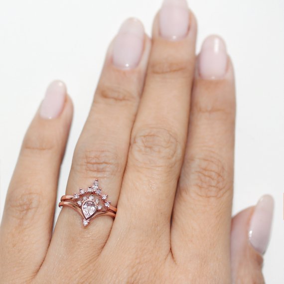 Princess Crown Ring Set - Rose Gold Pink Crystal Tiara Ring