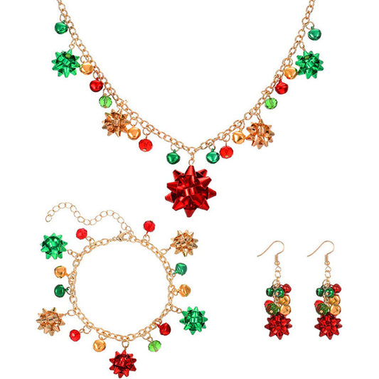 Festive Christmas Jewelry Set - Gold Chain Set with Gift Bow Charms and Jingle Bells (Necklace, Earrings, Bracelet)