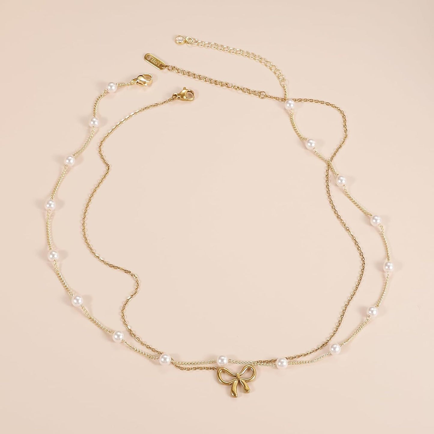 Pearl Bow Necklace - Double Layer Necklace Set with Pearl Bead and Bow Charm
