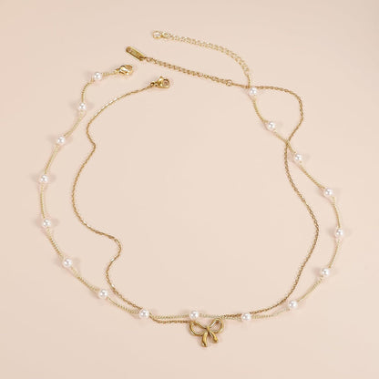 Pearl Bow Necklace - Double Layer Necklace Set with Pearl Bead and Bow Charm
