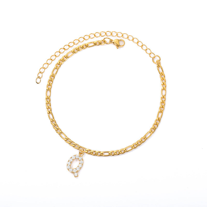 Crystal Initial Anklet - Gold or Silver Figaro Chain with Letter Charm (A-Z)