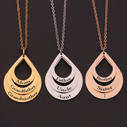 Custom Family Necklace - Personalized Layered Teardrop Pendant with Names and Heart (2-3 Names)