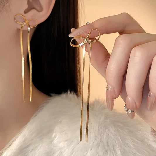 Ribbon Bow Tassel Earrings - 18K Gold Plated Long Chain Drop Earrings