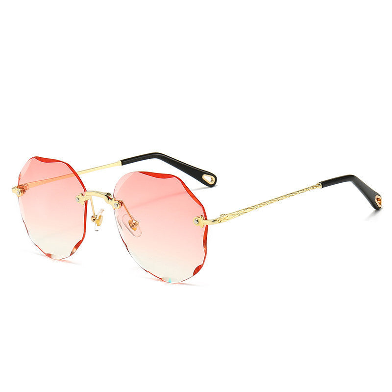 Gradient Round Sunglasses - Rimless Circle Frame Sunglasses with Scalloped Edge Design