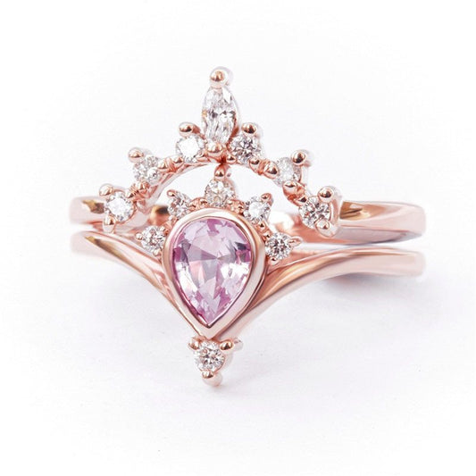 Princess Crown Ring Set - Rose Gold Pink Crystal Tiara Ring