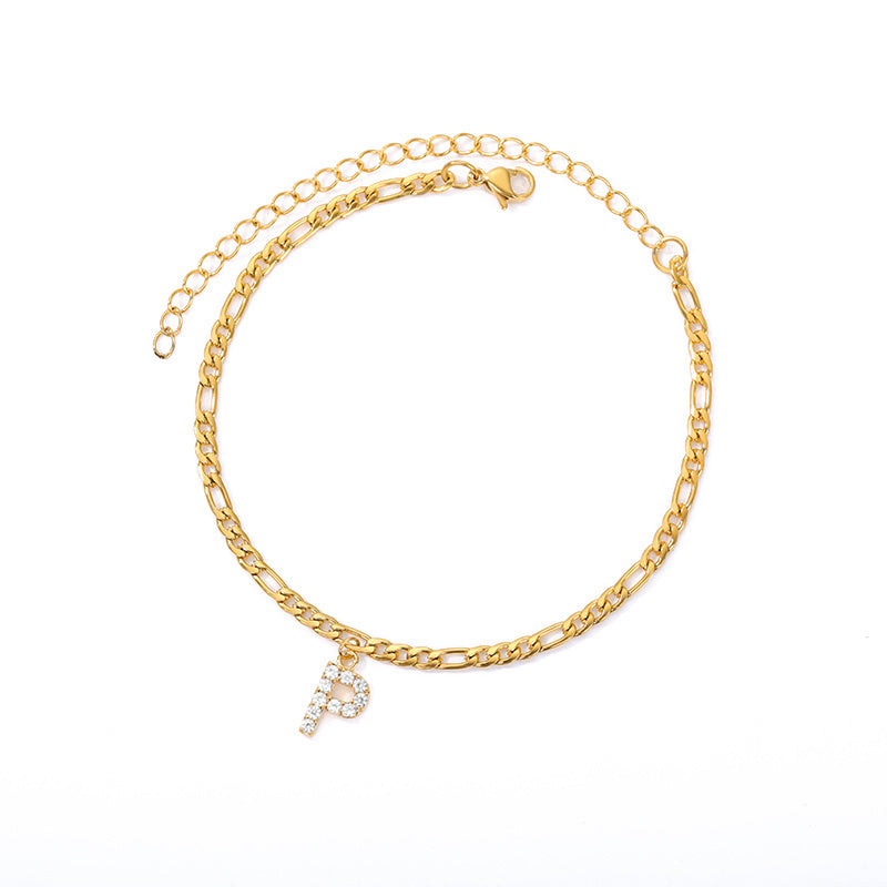 Crystal Initial Anklet - Gold or Silver Figaro Chain with Letter Charm (A-Z)