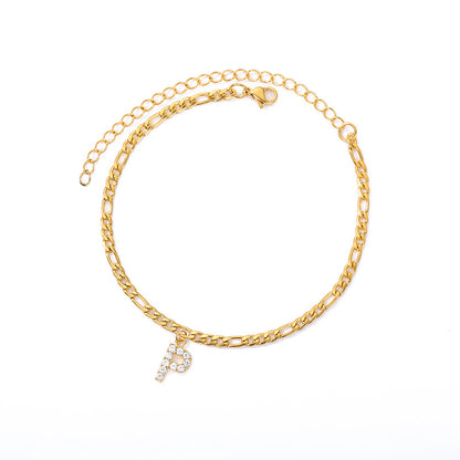 Crystal Initial Anklet - Gold or Silver Figaro Chain with Letter Charm (A-Z)