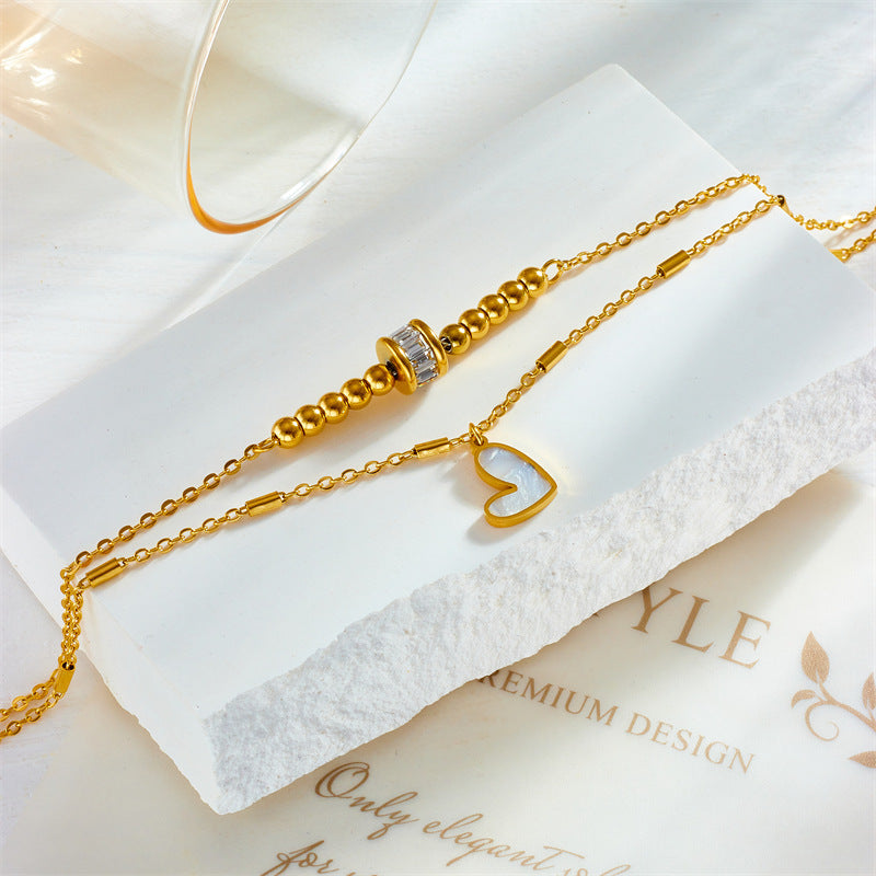Layered Heart Anklet - Gold Double Chain Anklet with Enamel Heart Charm