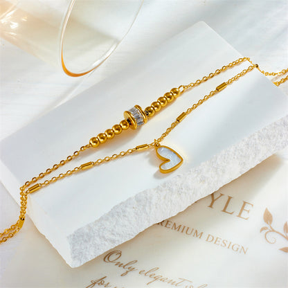 Layered Heart Anklet - Gold Double Chain Anklet with Enamel Heart Charm
