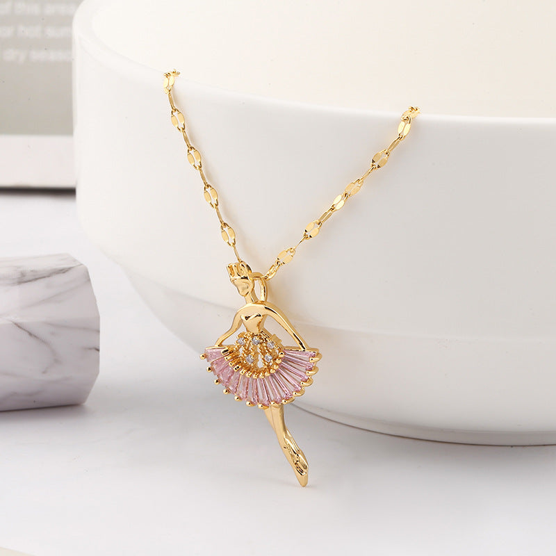 Ballet Dancer Necklace - Gold Angel Ballerina Pendant with Pink Crystal Skirt Detail