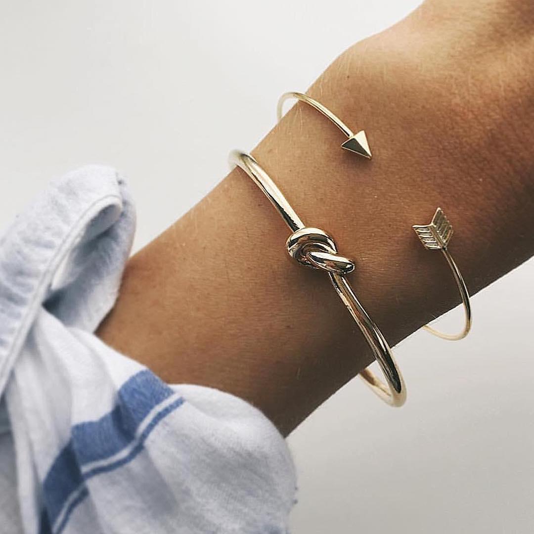 Open Cuff Bracelet Set - Arrow and Knot Design Bangles in Gold (2-Piece Set)