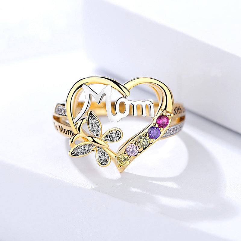 Mom Heart Ring & Necklace Set - Butterfly Accent with Colorful Crystal Stones