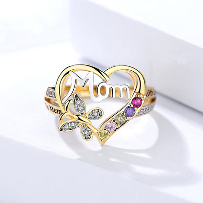 Mom Heart Ring & Necklace Set - Butterfly Accent with Colorful Crystal Stones