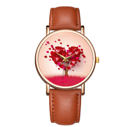 Heart Tree Art Watch - Romantic Love Tree Illustration Watch with Leather Strap