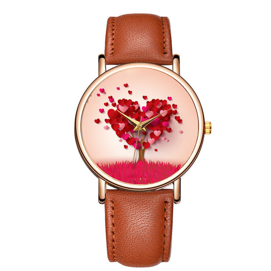 Heart Tree Art Watch - Romantic Love Tree Illustration Watch with Leather Strap