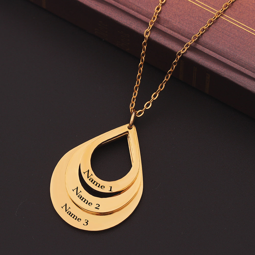 Custom Family Necklace - Personalized Layered Teardrop Pendant with Names and Heart (2-3 Names)