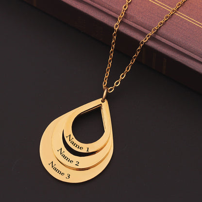 Custom Family Necklace - Personalized Layered Teardrop Pendant with Names and Heart (2-3 Names)