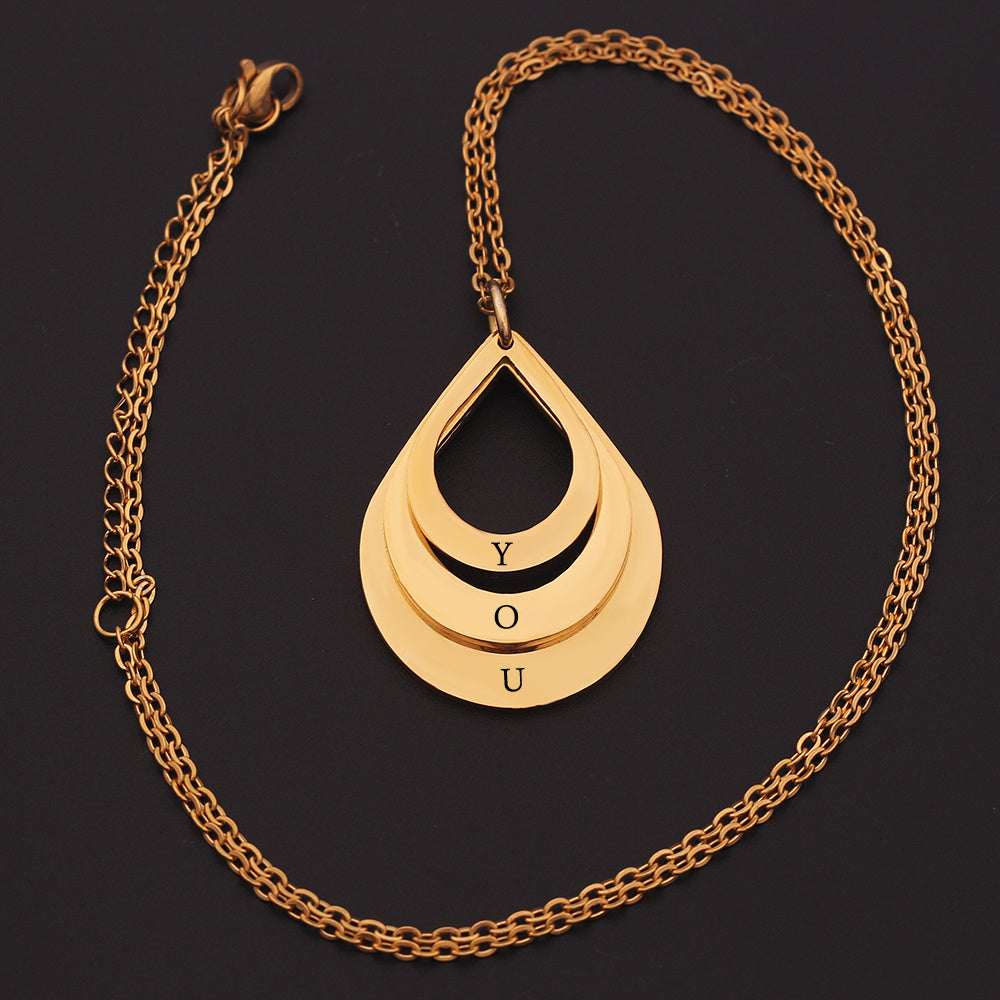 Custom Family Necklace - Personalized Layered Teardrop Pendant with Names and Heart (2-3 Names)