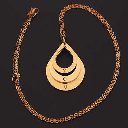 Custom Family Necklace - Personalized Layered Teardrop Pendant with Names and Heart (2-3 Names)