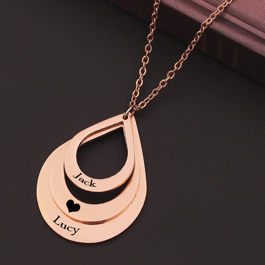 Custom Family Necklace - Personalized Layered Teardrop Pendant with Names and Heart (2-3 Names)