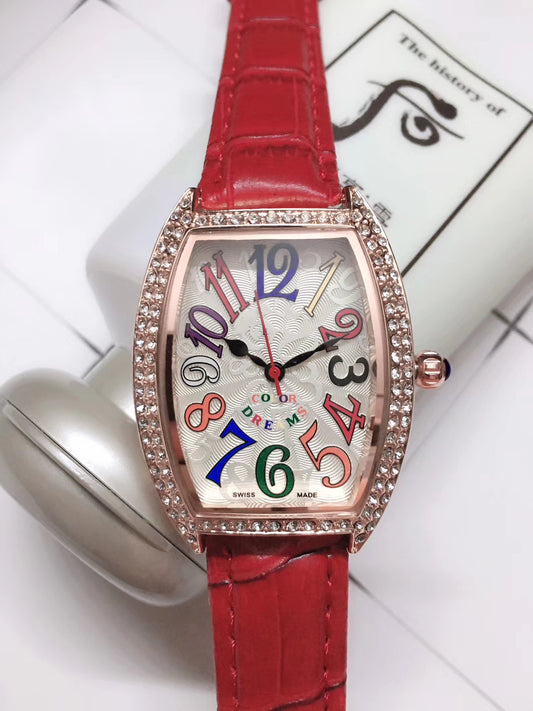 Crystal Barrel Watch - Colorful Rhinestone Bezel Watch with Leather Strap