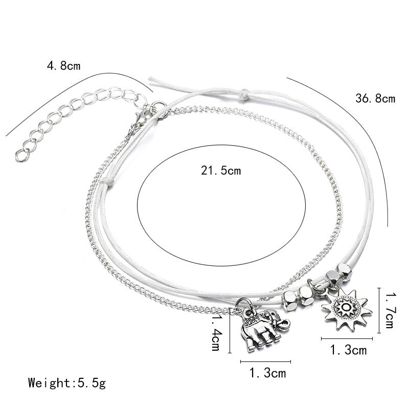 Sun and Elephant Multi-Layer Anklet with measurements
