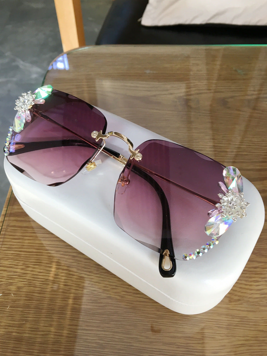 Jeweled Rimless Sunglasses - Oversized Sunglasses with Crystal Accent Design