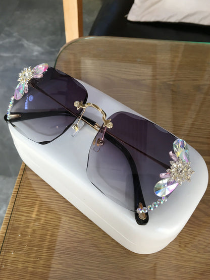 Jeweled Rimless Sunglasses - Oversized Sunglasses with Crystal Accent Design