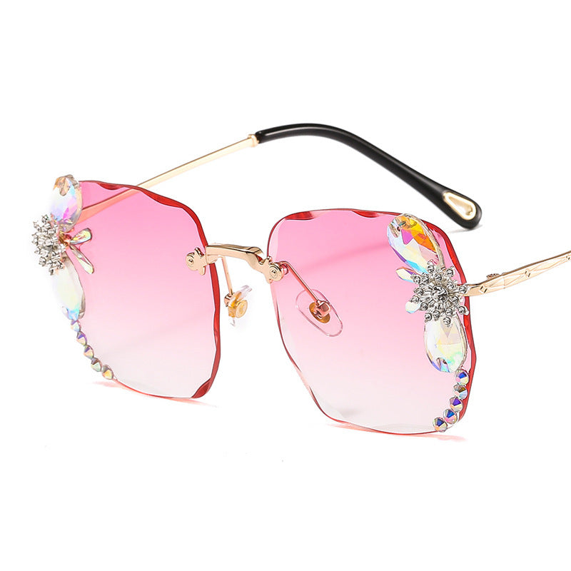 Jeweled Rimless Sunglasses - Oversized Sunglasses with Crystal Accent Design
