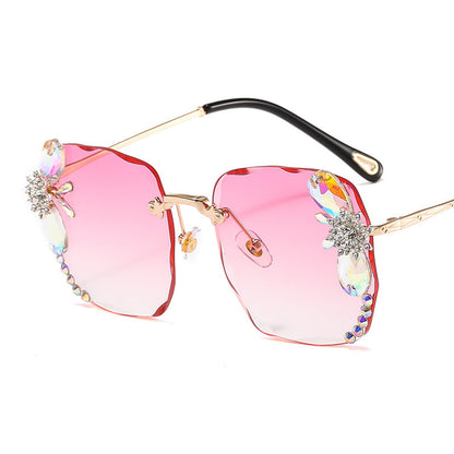 Jeweled Rimless Sunglasses - Oversized Sunglasses with Crystal Accent Design