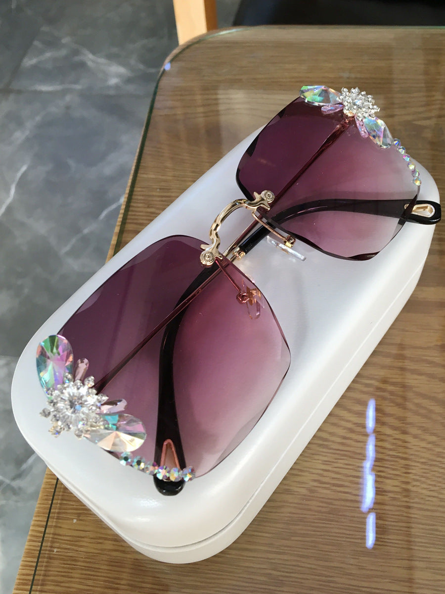 Jeweled Rimless Sunglasses - Oversized Sunglasses with Crystal Accent Design